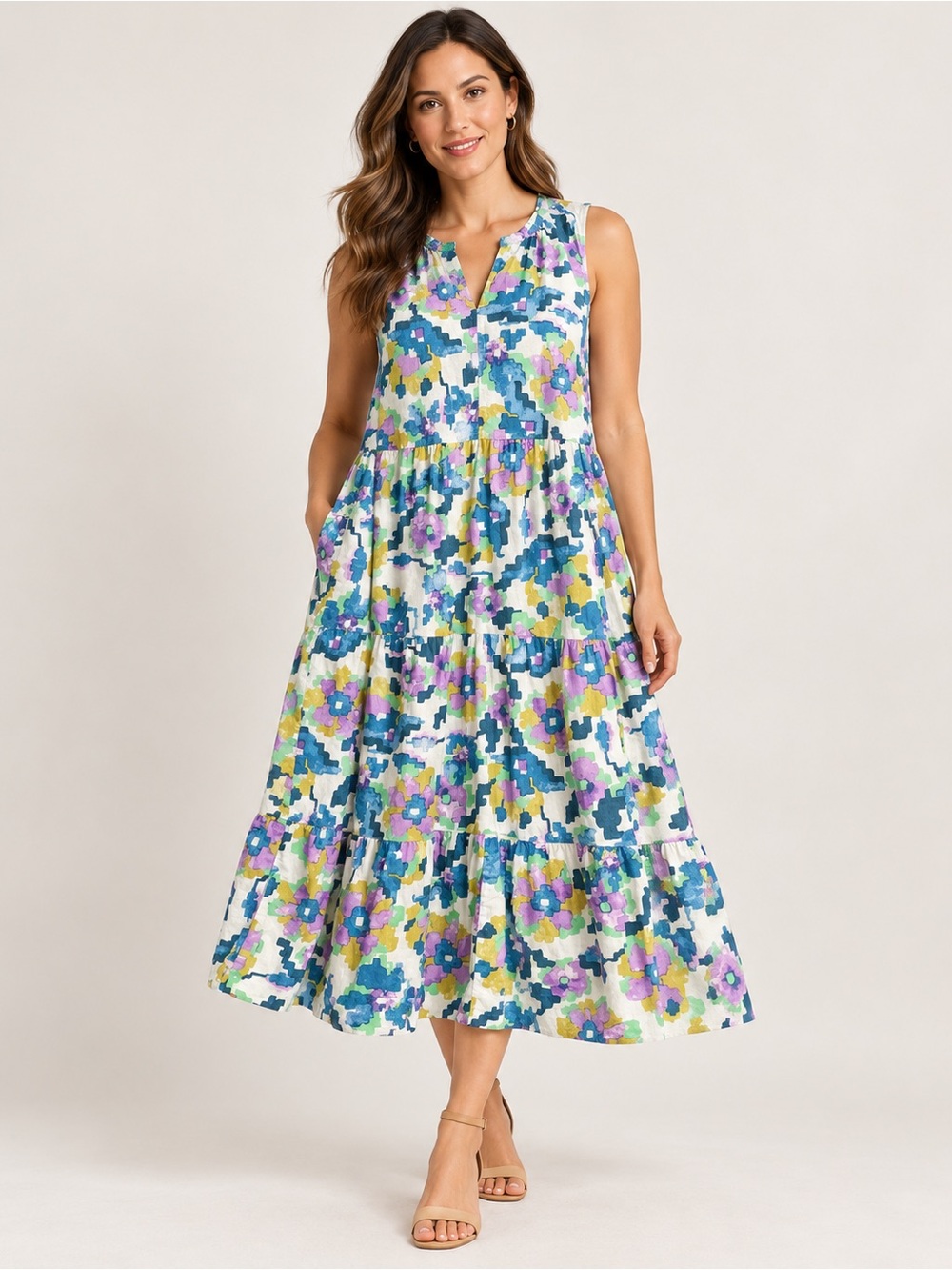 SONOMA Goods for Life Sz L Floral Tiered Midi Dress Sleeveless Boho Cottagecore